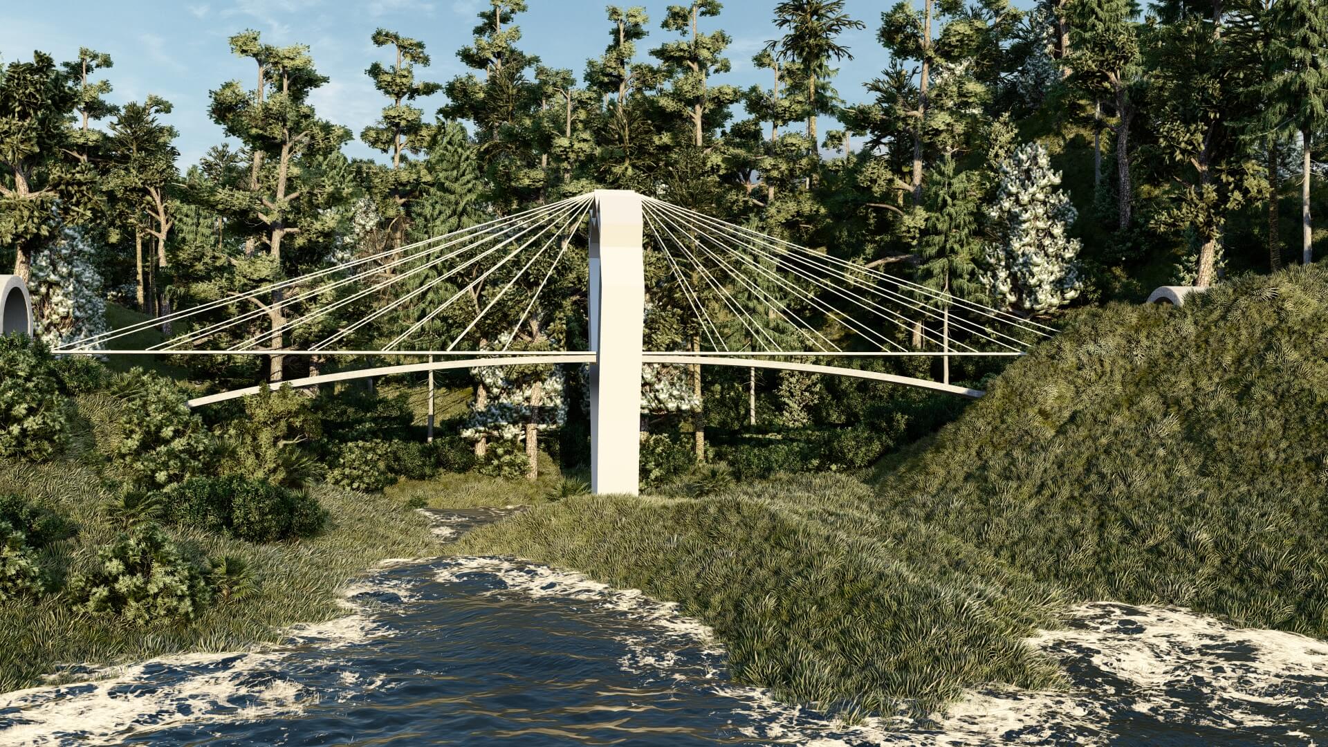 Rendering fotorealistico esterno di un ponte al mare