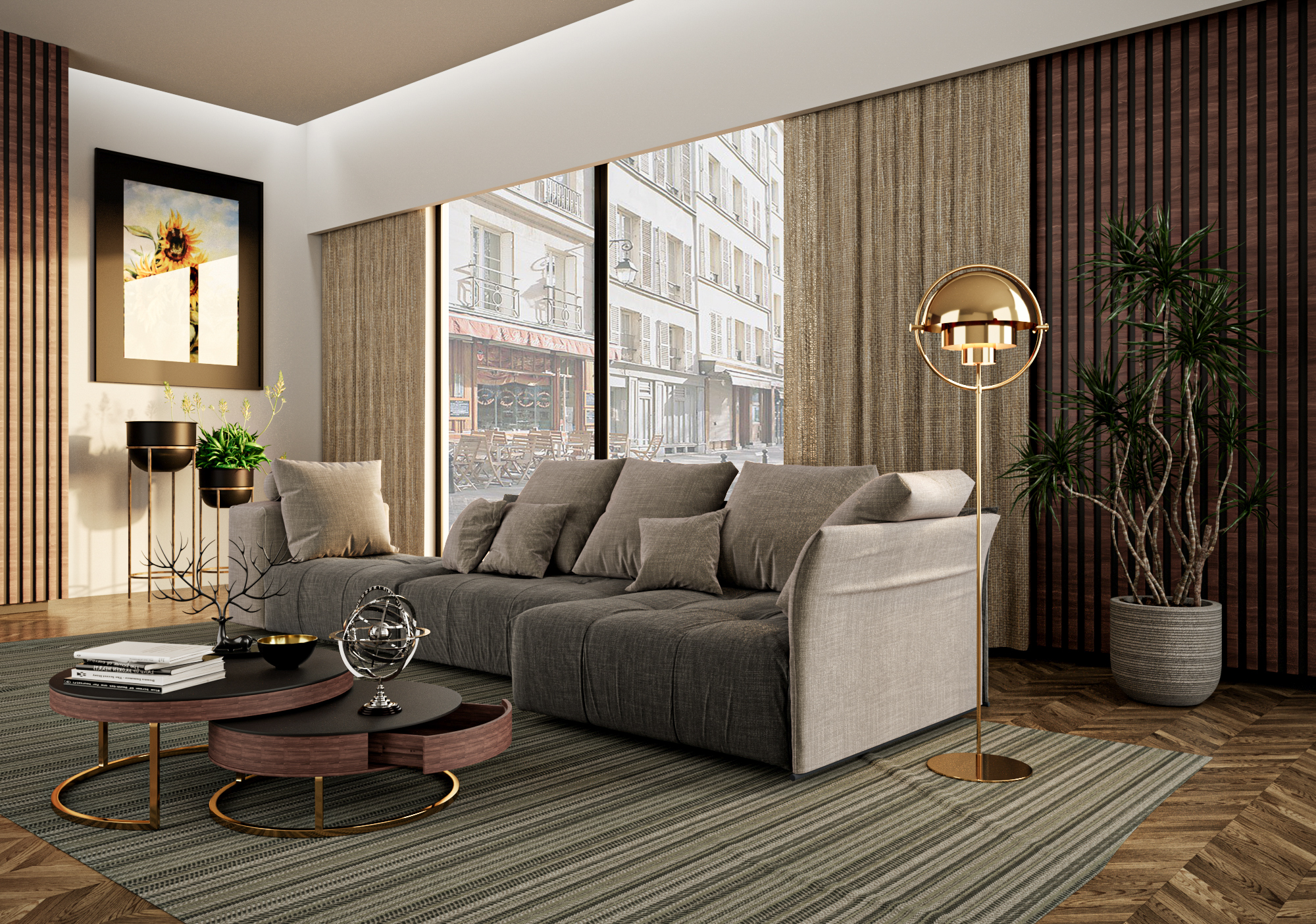 Un soggiorno moderno con un divano, un tavolino da caffè, una lampada e una pianta in vaso.